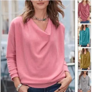 Women Long Sleeve Cowl Neck T-Shirt Casual Loose Pullover Solid Color Polyester Blend Top Spring Fashion Clothing