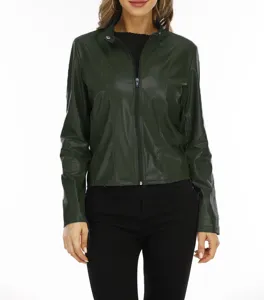 Damen dunkelgrüne Kunstlederjacke lässige Langarm Reißverschluss kurze Oberbekleidung Mode.