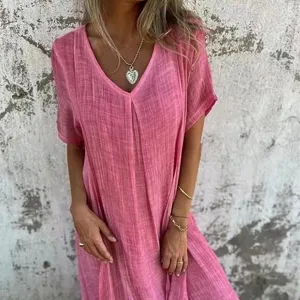 Robe mi-longue décontractée en coton et lin à col V pour femmes, mode été plage