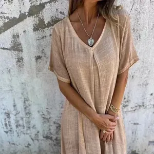 Robe longue femme coton lin col V manches courtes casual ete plage mode vetement