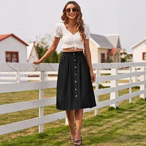 Jupe midi pour femme taille haute avec boutons sur le devant, coupe A-line décontractée chic.
