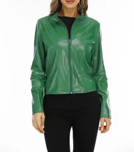 Damen grüne Kunstleder kurze Jacke Stehkragen Reißverschluss Freizeit Herbst Mantel