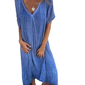 Robe longue femme en coton lin col V manches courtes été élégante couleur bleue