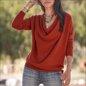 Women casual solid color cowl neck long sleeve sweater autumn fashion knitwear top for daily wear