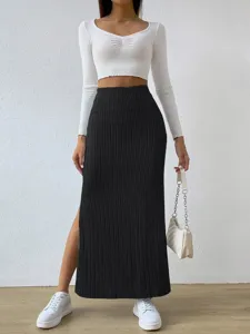 Damen hohe Taille Seite Schlitz Rippstrick Maxi Rock schmale Passform langer Rock