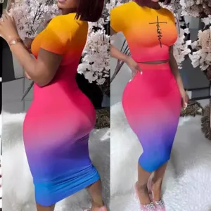 Sexy Women Printed Top And Bottom Round Neck Short Sleeve Bodycon Skirt Suit Casual Summer Streetwear Outfit Apparel