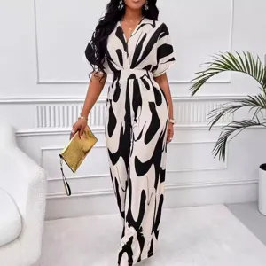 Women Elegant V-Neck Batwing Sleeve Wide Leg Jumpsuit Acrylic Abstract Painted Print High Waist Casual Long Jumpsuit Overall