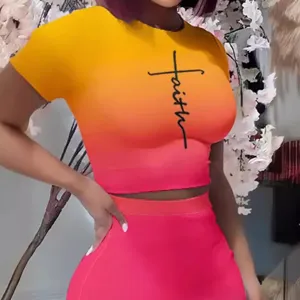 Women gradient short sleeve crop top and skirt set sexy slim fit casual outfit faith print.