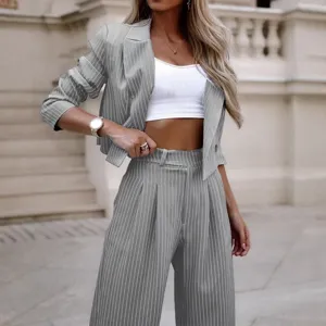 Women casual grey pinstripe short blazer and wide leg trousers suit set fashion main view