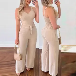 Women summer casual camisole top and high waist wide leg pants set chic daily outfit beige