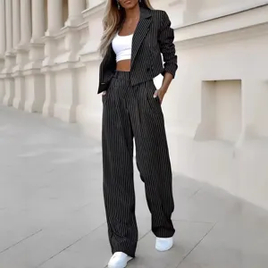 Stylish Women Pinstripe Crop Blazer and High Waist Wide-Leg Pants Two-Piece Suit