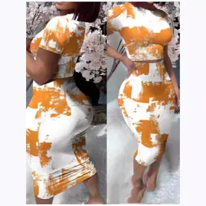 Sexy two piece outfit crop top and midi skirt set with orange brushstroke print for women
