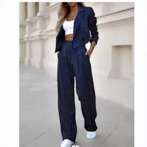 Women's Striped Cropped Blazer and Wide Leg Pants Suit Set Casual Two Piece Outfits