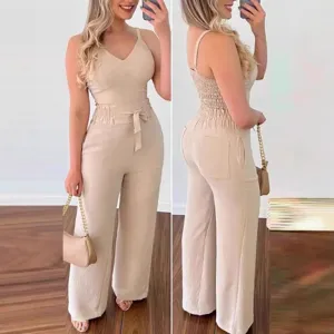 Women Summer V-Neck Spaghetti Strap Jumpsuit Casual High Waist Wide Leg Pant Set