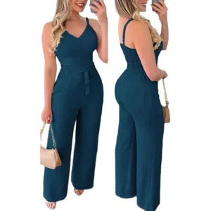 Women's Summer V-Neck Sleeveless High Waist Wide Leg Jumpsuit Casual Outfit Front View