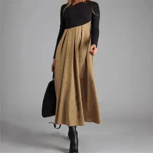 Stilvolles Langarm Tweed Maxikleid mit Kontrastdesign für Damen, elegant und chic.
