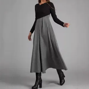 Damen Herbst Winter Langarm Farbblock V-Ausschnitt Spleiß Wolle Mischung Maxi ausgestelltes Kleid