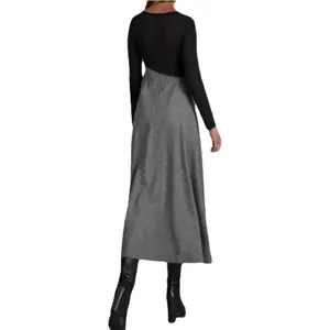 Damen Langarm Farbblock Maxikleid, elegantes schwarz grau Patchwork Winterkleid lang.