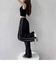 Dames Zijstreep Trekkoord Wijde Pijpen Broek Elastische Taille Losse Rechte Broek Casual Sportieve Broek Voor Dagelijks Gebruik
