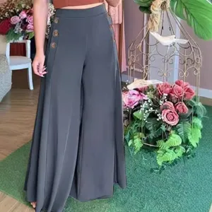 Women's High Waist Wide Leg Trousers Casual Button Side Loose Summer Long Pants
