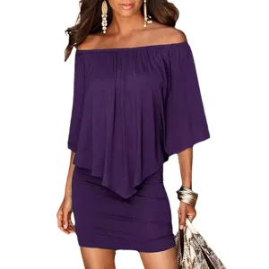 Elegant purple off-the-shoulder bodycon dress, featuring a layered ruffle top for women.