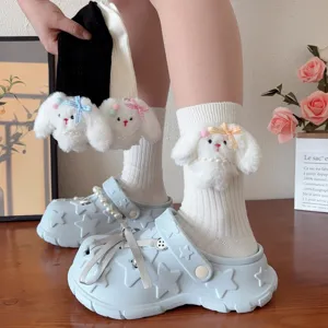 Cute rabbit plush mid-calf cotton socks with bow and pearls for women and girls spring.