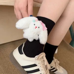 Cute 3D bunny plush long tube socks for women, sweet style cotton socks with kawaii design.