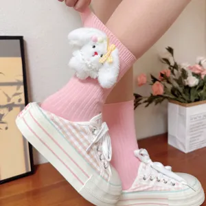 Cute plush rabbit plushie socks with pink ribbed design, sweet and cozy sweet style.