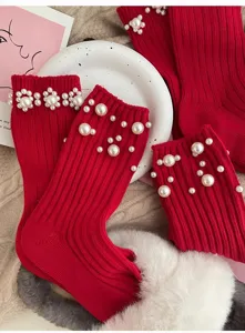 Red pearl knit socks for women, winter warm mid tube hosiery, cute floral pearl socks.