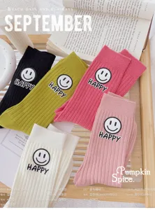 Korean smiley letter printed ribbed crew socks, cute autumn winter fashion casual cotton hosiery.