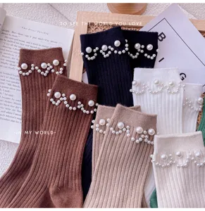 Women pearl knitted mid-tube socks elegant casual fashion stylish cute hosiery comfortable