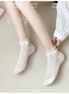 Japanese sweet pearl lace mesh short socks for women, breathable summer ankle socks, cute chic.