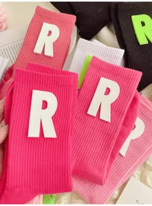 Cute letter R embroidered ribbed crew socks sweet japanese style fashion cotton hosiery
