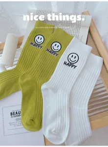 Korean smiley face embroidered mid-calf socks, thick ribbed knit casual autumn winter socks.