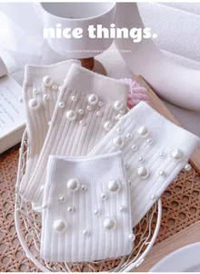 Women white beige knit socks pearl beaded cute sweet stacked socks hosiery casual daily wear