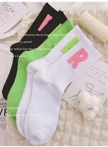 Women cute letter patch mid-calf socks spring autumn sweet Japanese style trendy hosiery