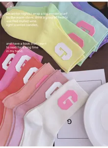 Macaron color women socks with cute letter patch sweet style casual cotton mid tube socks