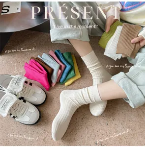 Women ribbed mid tube socks solid color vintage casual daily autumn winter knit cotton socks