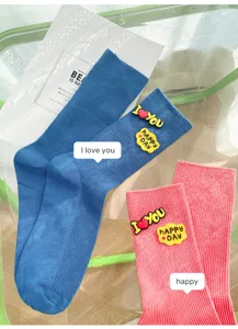 Women fashion crew socks colorful striped casual socks with cute silicone letter decorations for spring.