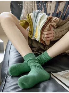 Solid color ribbed mid-tube socks women casual daily wear stretch comfortable hosiery