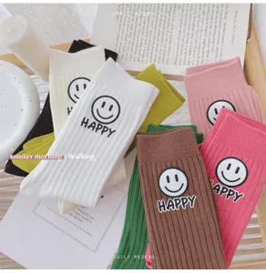 Korean style smiley face printed knit mid-tube socks autumn winter casual cute warm hosiery