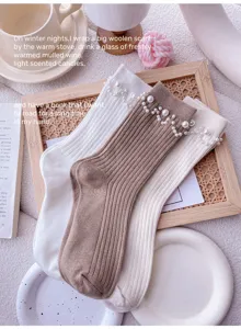 Pearl decorated mid-tube socks, ribbed knit design, stylish and sweet daily wear.