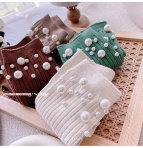 Women ribbed fashion pearl crew socks sweet stacked socks stylish knit hosiery casual socks