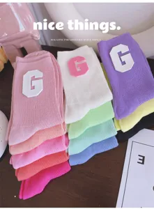 Macaron color varsity letter patch knit mid-tube socks sweet candy style daily wear