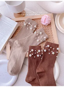 Cozy women knitted stacking socks with pearl beads, Japanese style mid-calf socks for daily wear.