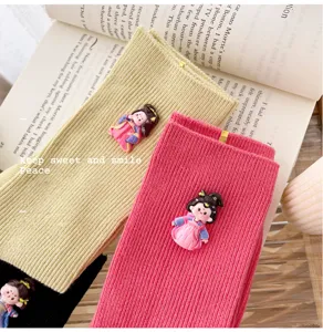 Cute Japanese style ribbed mid-calf socks featuring adorable ancient Chinese doll design.