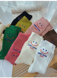Fall winter new long slouch socks with cute smiley letter embroidery casual college style tube socks
