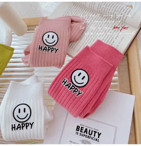 Korean style cute smiley face ribbed mid-calf socks for women autumn winter warm socks