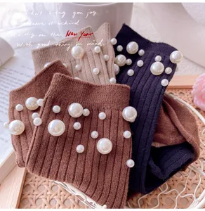 Women's Japanese style pearl embellished knit crew socks, trendy fashion stacking socks.