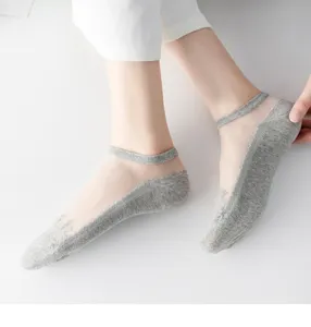 Détail chaussettes bateau cristal transparentes, chaussette fine maille grise été cheville.